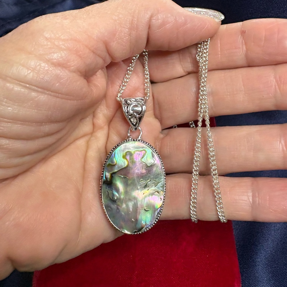 Pendant 925 Sterling Silver Abalone Statement Necklace 18” Chain - Picture 2 of 8